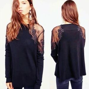 Free People Daniella Lace Top Embroidered Sheer Black